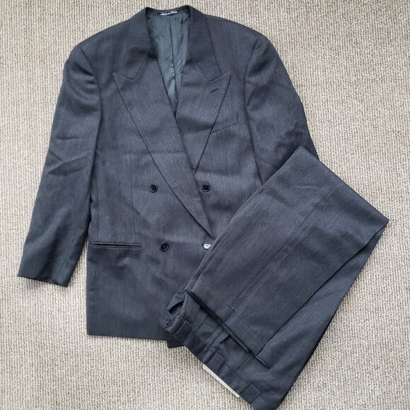 VTG Mani Giorgio Armani Suit 40R Barneys Charcoal Double Breasted Pleated Pants - Picture 1 of 16